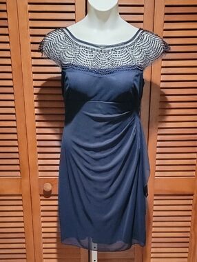 R M RICHARDS ELEGANT DARK NAVY BLUE BEADED CAP SLEEVE COCKTAIL DRESS